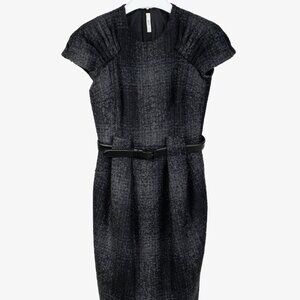 Prada 2009 Grey Tweed Belted Cap-Sleeve Knee-Length Dress